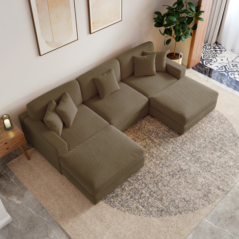 Milbrey 5-Piece Upholstered Camel Corduroy Modular Sectional Sofa With Removable Ottomans & Throw Pillows, Camel Corduroy