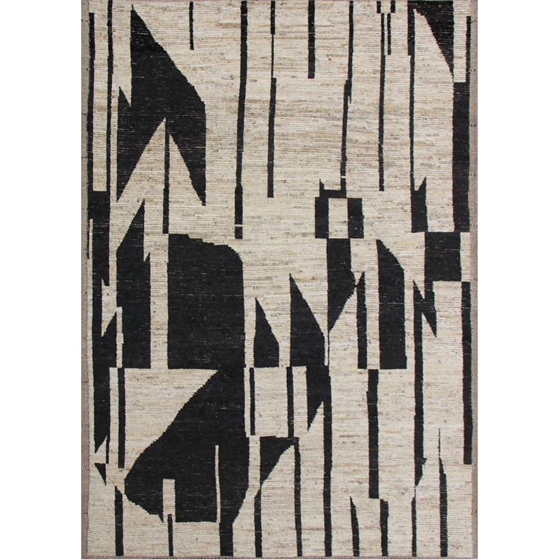 Tapis marocain en laine noué à la main 6 x 9 po, tapis ivoire moderne abstrait noir, tapis géométrique minimaliste
