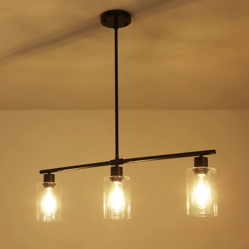 Delmis 3 - Light Kitchen Island Pendant Rustic Linear Chandelier with Clear Glass Shades, Black