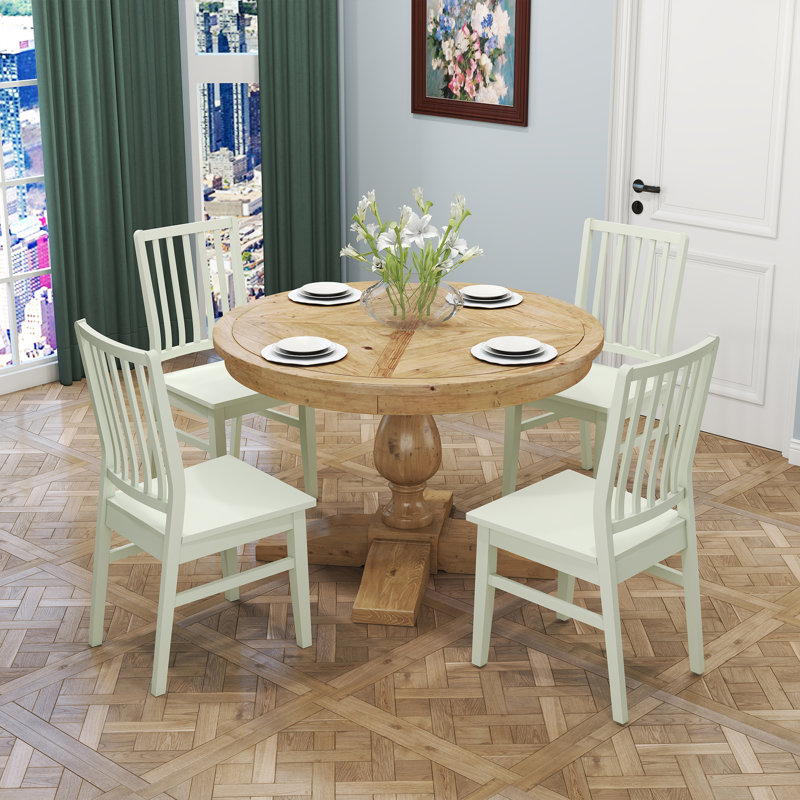 5-Piece Dining Set Mid-Century Modern Wooden Table & Upholstered Chair Set For Home, Kitchen, Dining Room, Natural, Green
