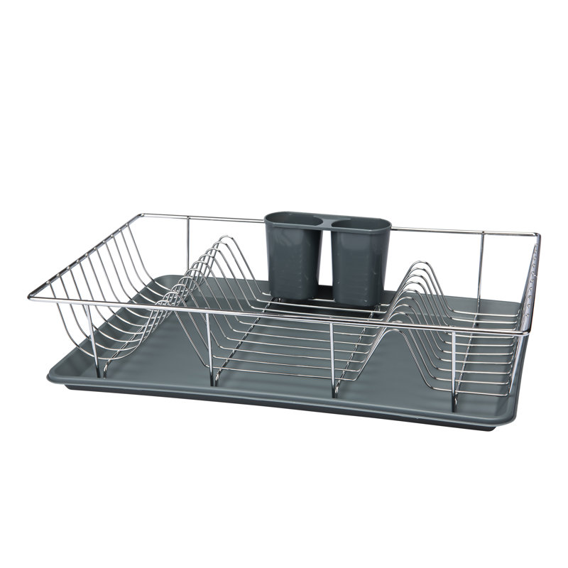 Gray Chrome Dish Rack with Tray and Utensil Holder