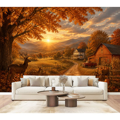 Adhésif mural campagne campagne d'automne, cerf, faune, grange rouge, vallée de la montagne, papier peint autocollant, décoration murale moderne pour le salon de la chambre à coucher