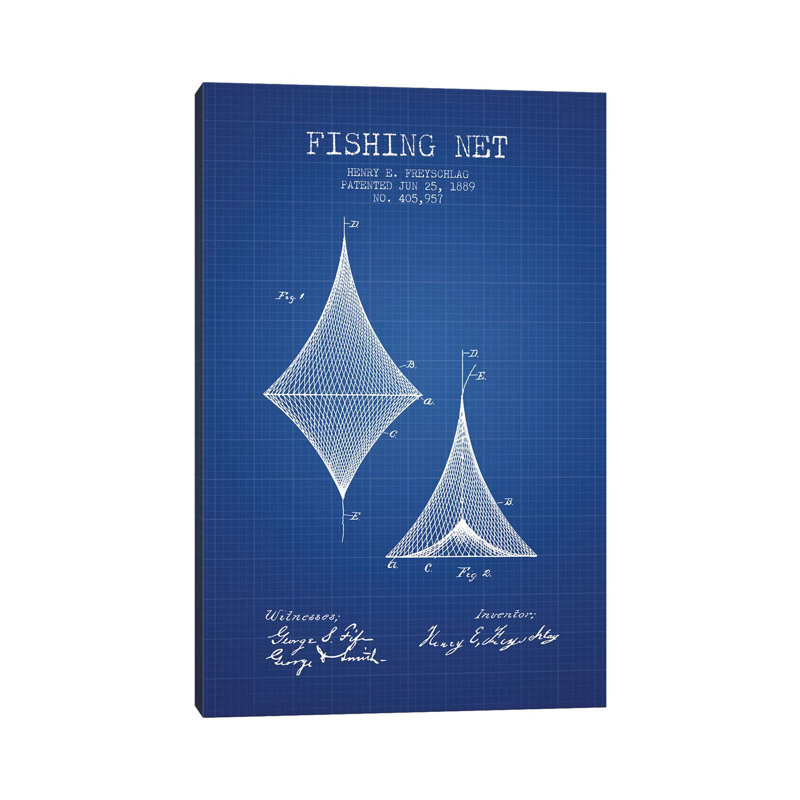 H.E. Freyschlag Fishing Net Patent Sketch (Blue Grid) by Aged Pixel - Wrapped Canvas Gallery-Wrapped Canvas Giclée