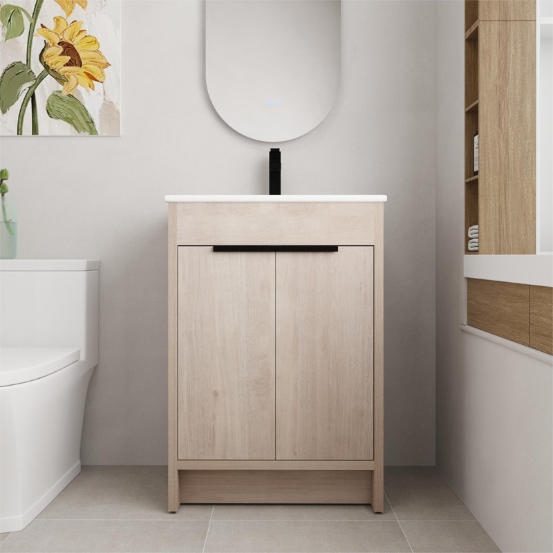 Jeliana 24'' Single Bathroom Vanity with Ceramic Top，2 Soft Close Doors and 1 Adjustable Shelf, Beige