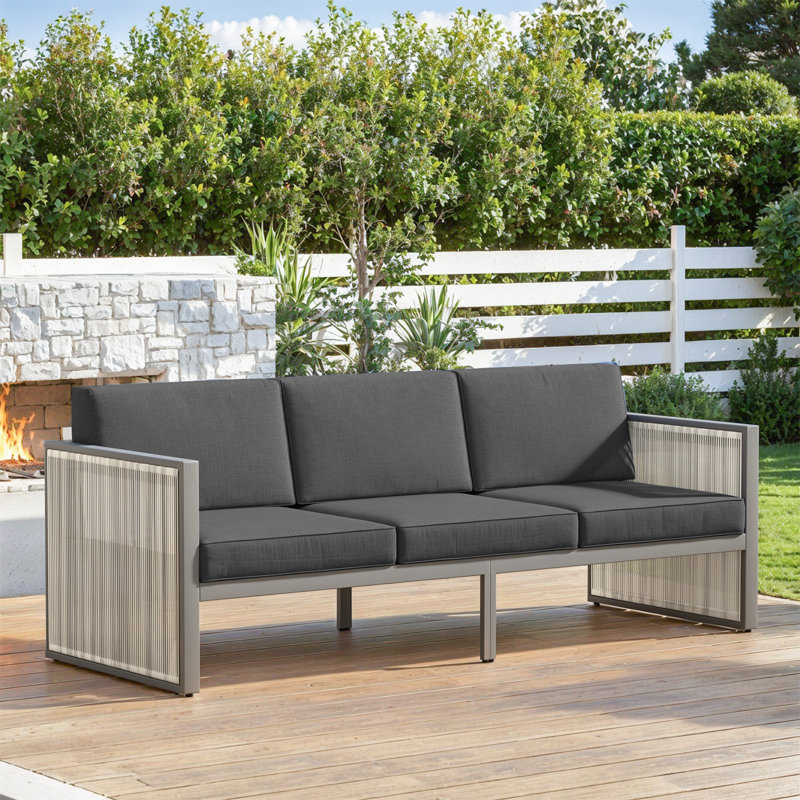 Ezell 3-Seat Outdoor Sofa, Weatherproof PE Rattan & Thick Cushions For Patio, Garden, Dark Gray