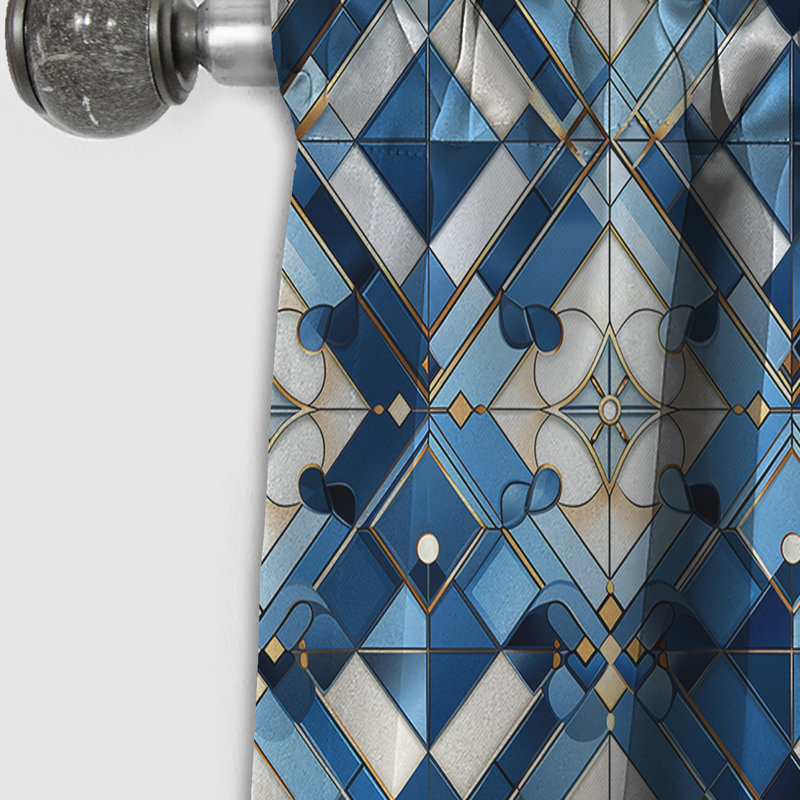Mosaïque rétro bleue et blanche géométrique - rideau occultant géométrique abstrait - 1 panneaux, L 52 po x L 90 po
