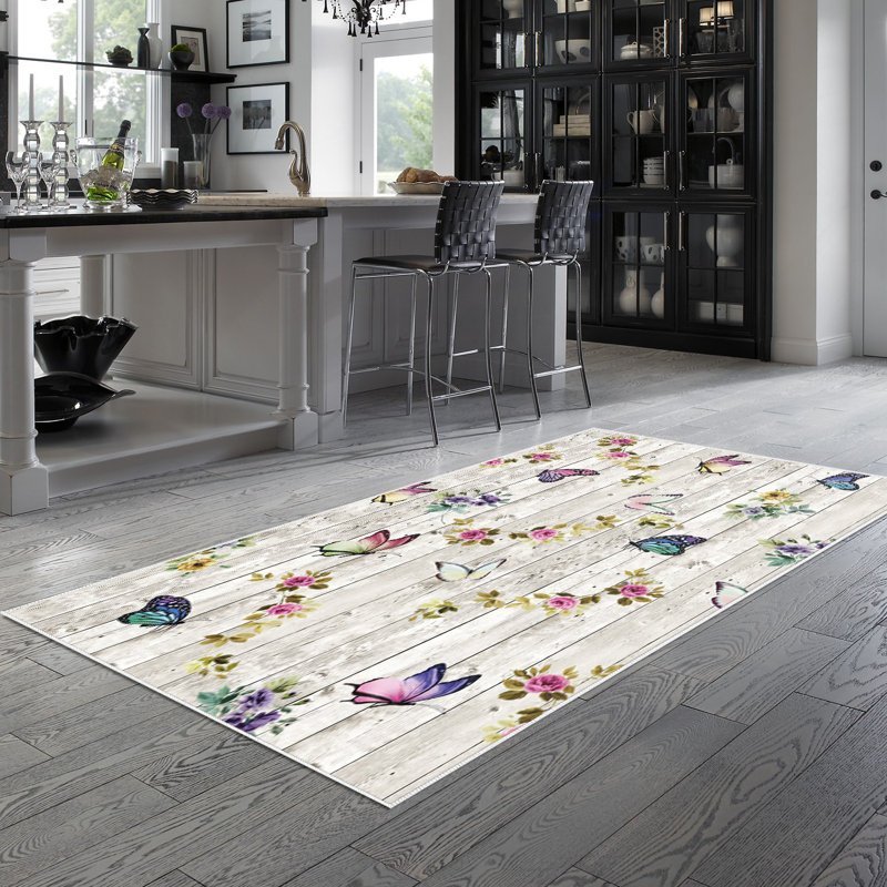 Tapis en polyamide tissé à la machine Blackberry en crème / rose / vert, Tapis de couloir 2 pi 7 po x 6 pi 7 po
