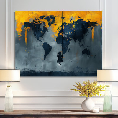 Jaune, jaune, carte du monde, aire de jeux Silhouette III - carte du monde, art mural, salon