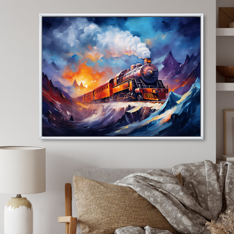 Impression sur toile, "Steamtrain Travelling In Winter Snow I", Cadre flottant blanc, H 34 po x l 44 po x P 1,5 po