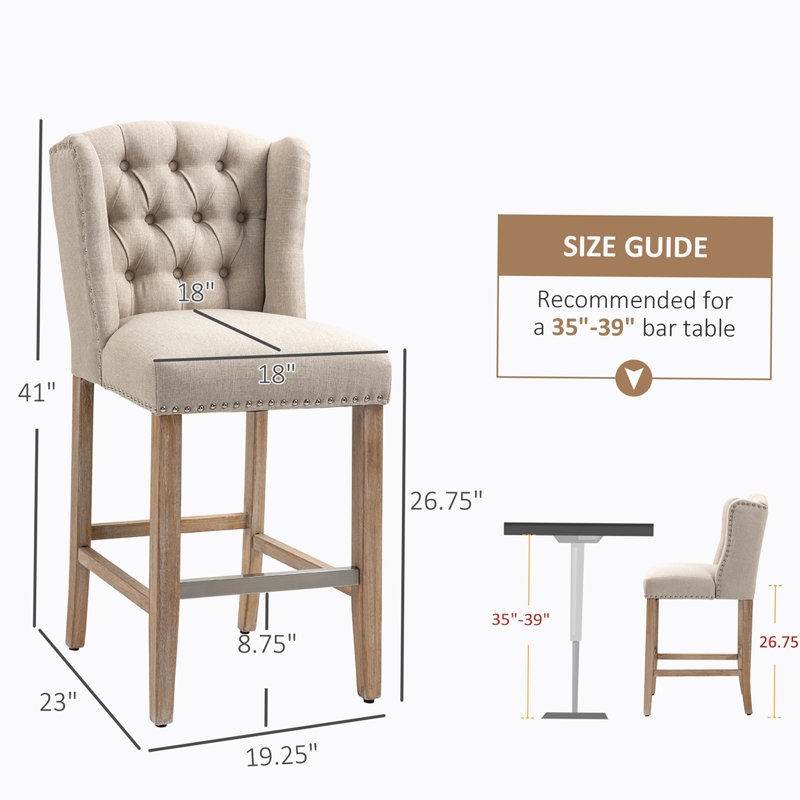 Gray Linen Counter Height Bar Stools with Wood Legs, Set of 2