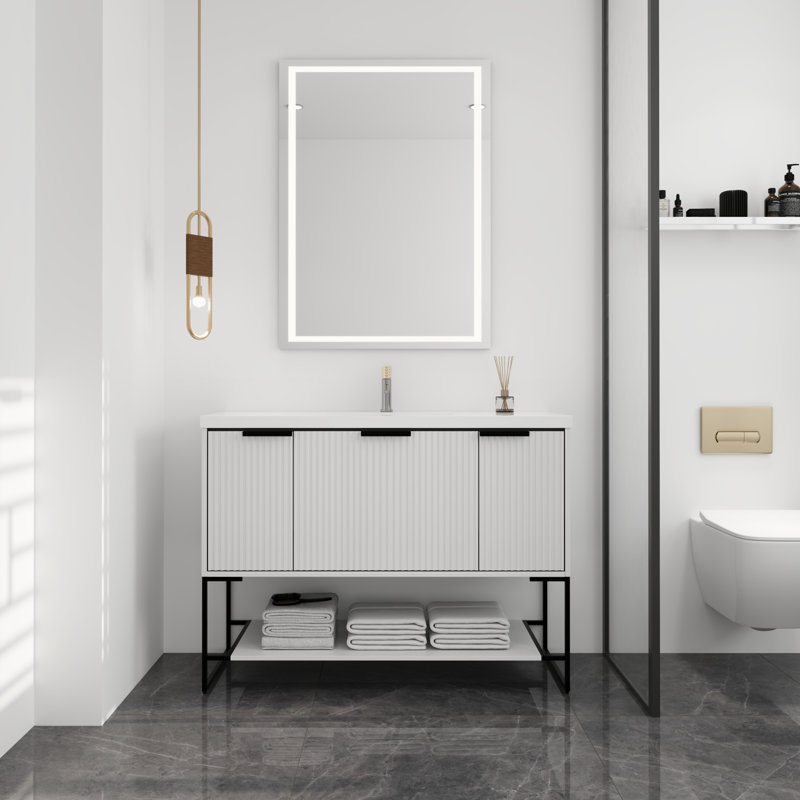 Meuble-lavabo autoportant moderne en pouces avec lavabo en résine et caractéristiques de fermeture en douceur