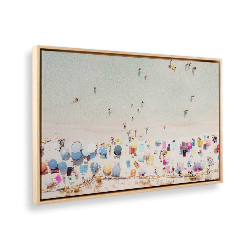 Beach Umbrella Dance Canvas Print, 12.75" H x 18.75" W x 1.75" D, American Maple Floater Framed