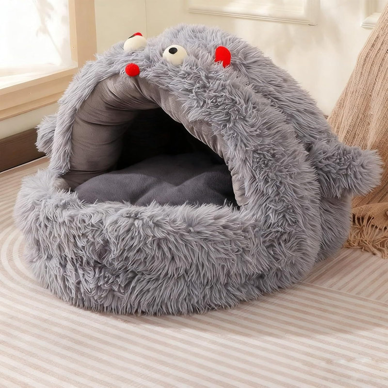 Niche pour chat à capuchon anti-anxieux avec fond antidérapant pour chats d'intérieur et petits chiens Monster, Gris