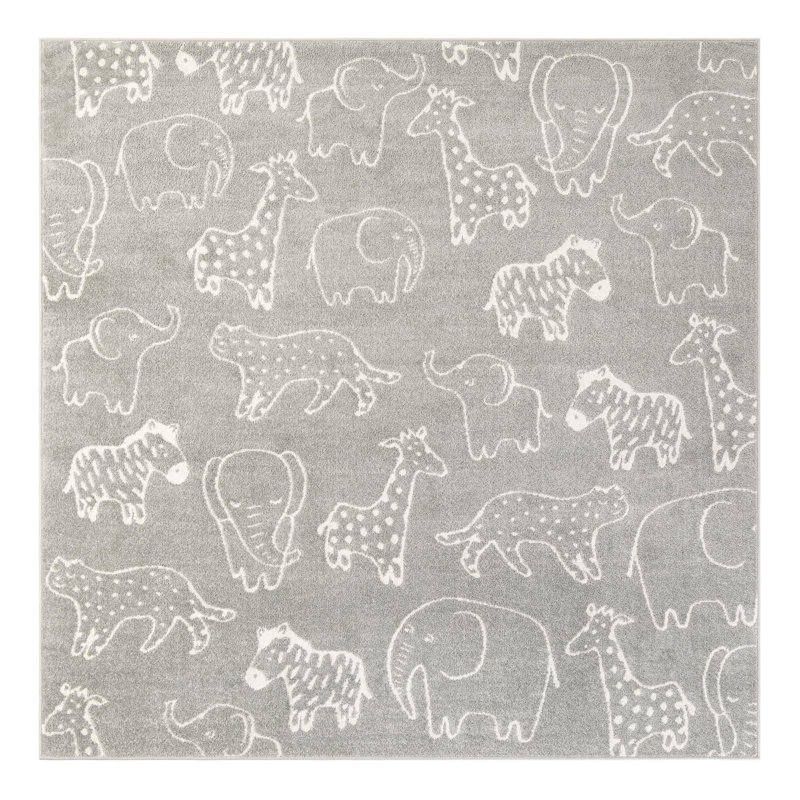 Whimsy Safari Animals Kid Rug, Gray/Ivory, Square 7'10" 
