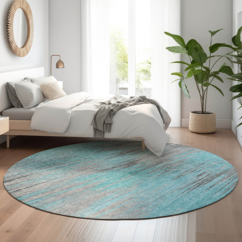 Premium Machine Washable Prisco Teal Rug, Round 8'