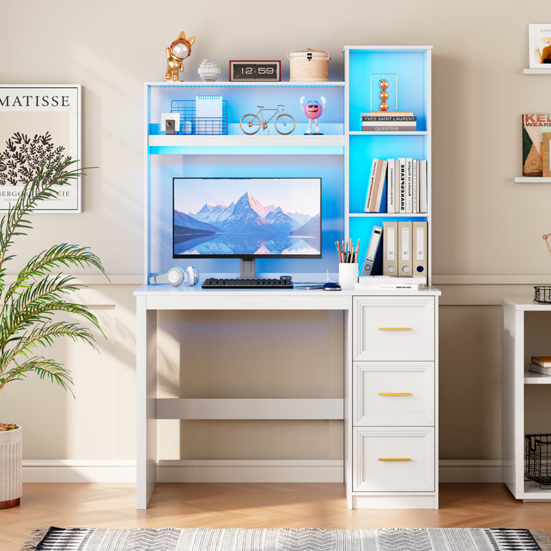 Bureau d'ordinateur à 3 tiroirs avec tablettes et éclairage DEL, Blanc
