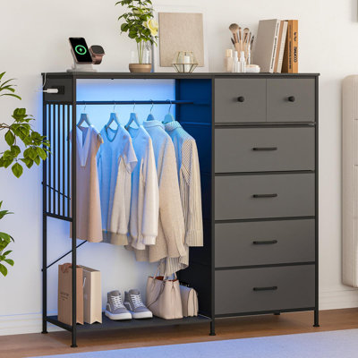 49.2" Dresser with Hanging Rack, 6 Fabric Drawers, LED Lights & Charging Station