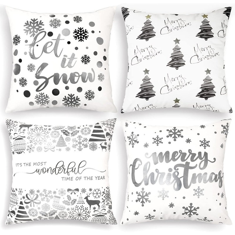Coussins décoratifs de Noël en argent et blanc 18 x 18, ensemble de 4, décorations de Noël en forme de flocon de neige, arbre de Noël Let It Snow, coussins décoratifs pour canapé
