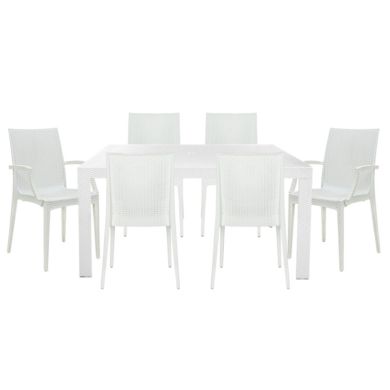 7-Piece Outdoor Dining Set Rectangular Dining Table with Umbrella Hole and 6 Dining Chairs, White
