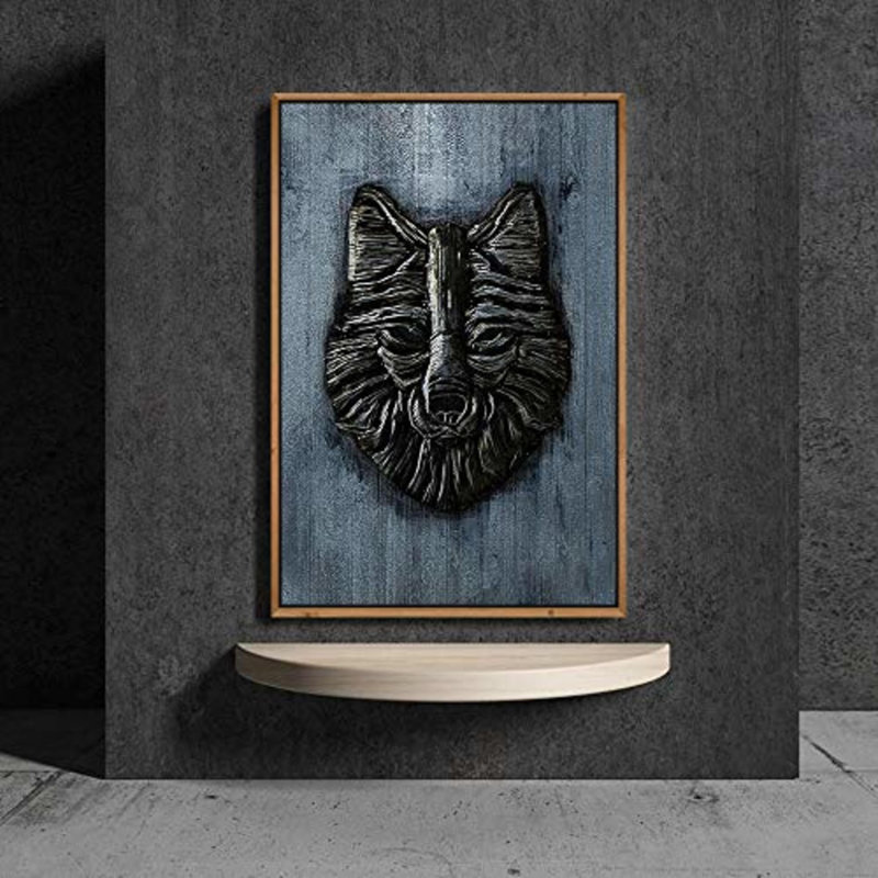 Tête de loup noir - reproduction encadrée sur toile, H 36 po x l 24 po x 1,5 po, Toile avec cadre brun