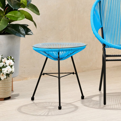 Table d'appoint artisanale avec plateau en verre trempé bleu, 45,5 cm (l) x 45,5 cm (p) x 46,7 cm (h), usage extérieur (plateau : 45,5 cm x 45,5 cm x 46,7 cm), structure stable