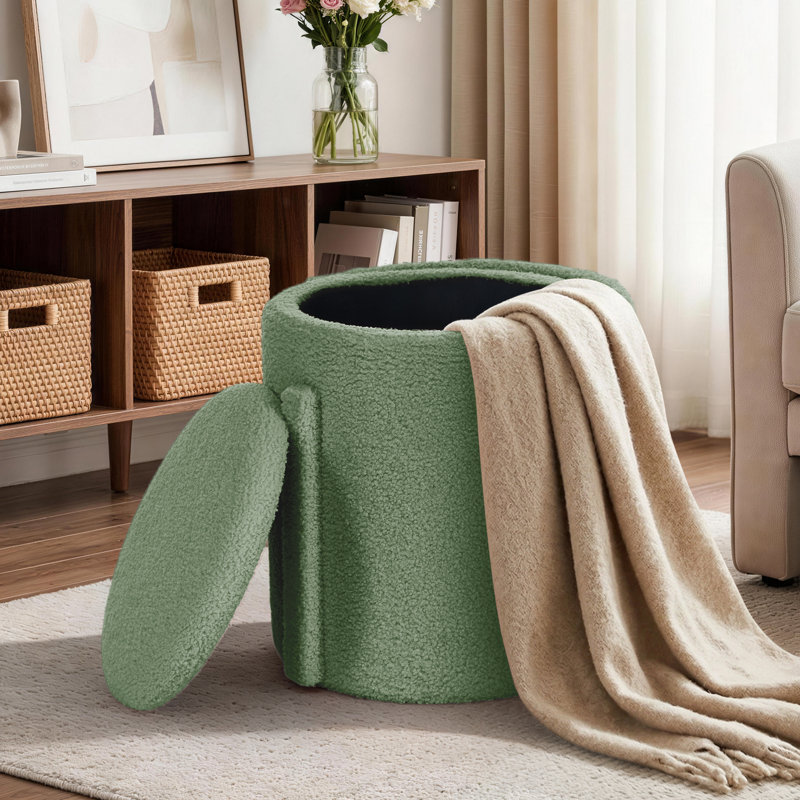 Round Ottoman with Storage, Modern Ottoman with Foldable Backrest, Sherpa Upholstered Ottoman for Living Room and Bedroom