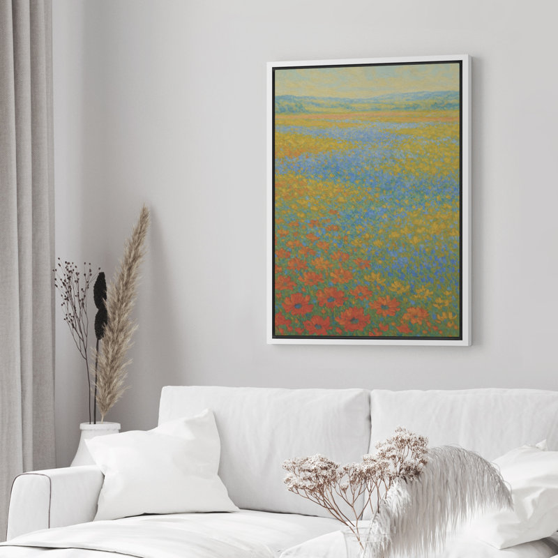 Art sur toile encadré de fleurs sauvages dorées avec fleurs rouges - paysage floral impressionniste pour la salle à manger ou l'entrée - décoration de jardin