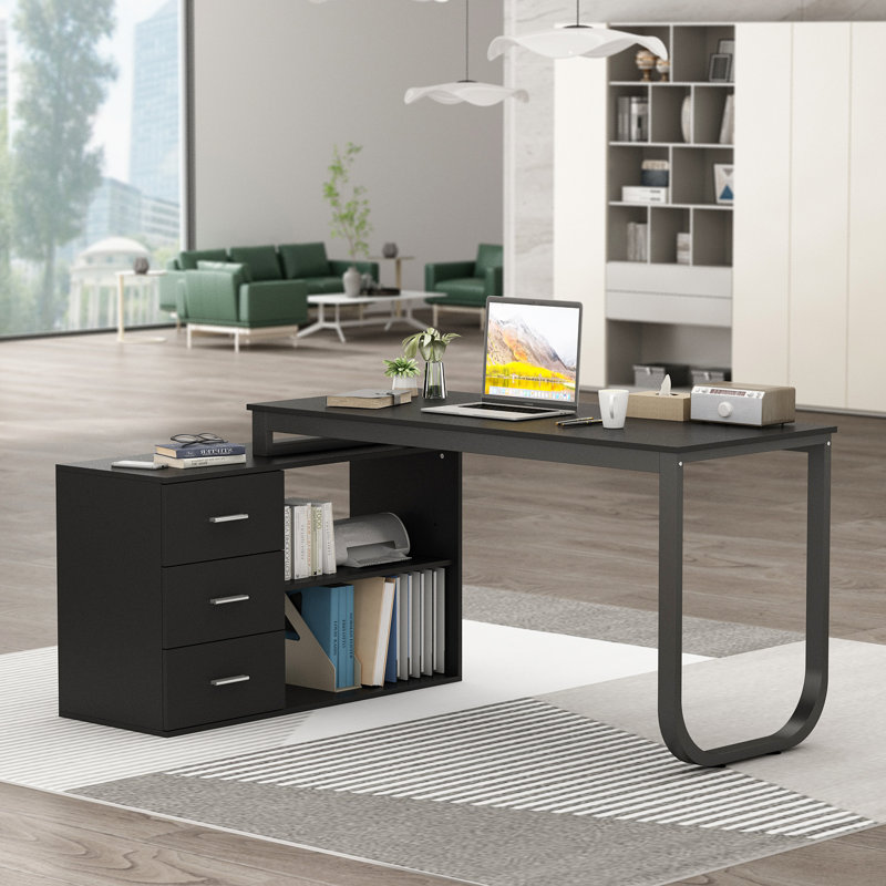 L-Shaped Metal Base Writing Desk, Black, Black