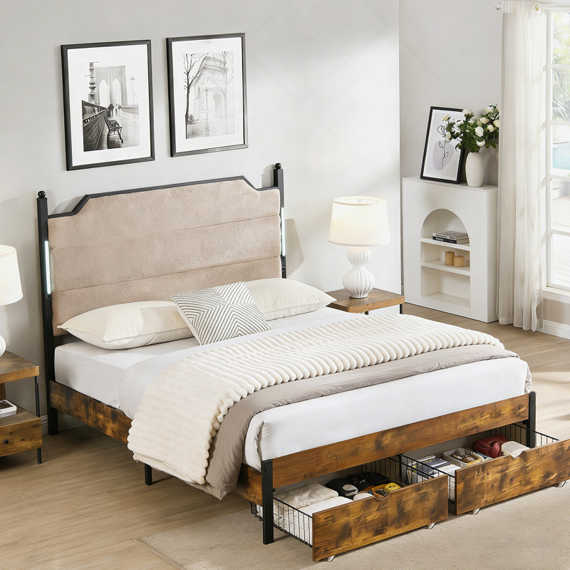 Structure de lit avec tête de lit tapissier, lit plateforme avec lumières DEL sensibles au toucher, 2 tiroirs, Grand lit
