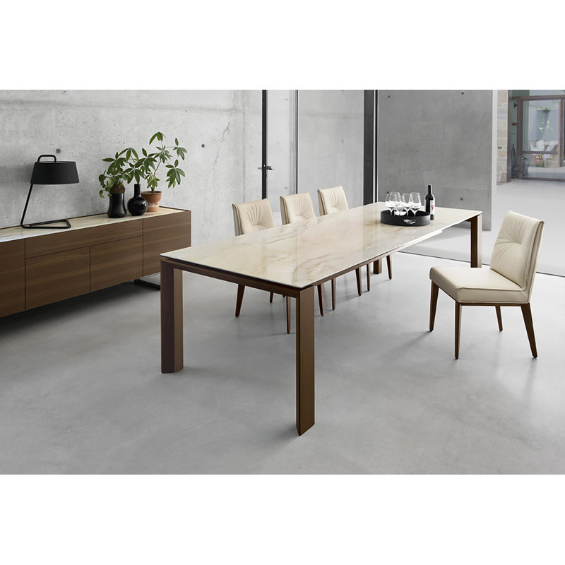 Table extensible avec plateau rectangulaire et pieds en bois Omnie, Placage de fumée, Verre cermanic en marbre doré onyx