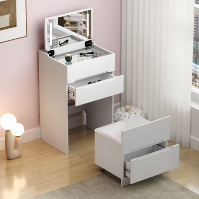 Bureau de coiffeuse 3 en 1 avec miroir ouvert, petit ensemble de coiffeuse avec bureau en verre visible, coiffeuse de maquillage compacte avec 3 tiroirs, coiffeuse pour chambre à coucher