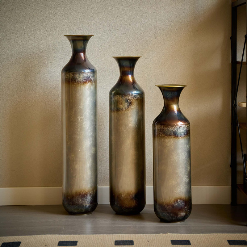 (Set Of 3) Handcrafted Torch-Fired Metal Vases For Home Decor, Versatile Rustic Flower Vases For Living Room Farmhouse Display