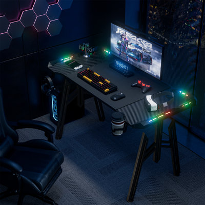 LED Gaming Desk, Gaming Table, Computer Desk with Drink Holder and Headphone Hooks, PC Table, Gamer Table, Gaming Table with Carbon Fibre Coating, M-Frame