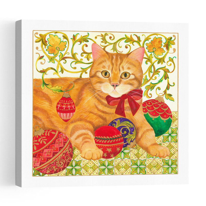 Festive Ginger Cat Classic Playful Whimsical Cat Wall Art Print 1 Piece Wrapped Canvas Wall Art, 45.72cm H x 45.72cm W