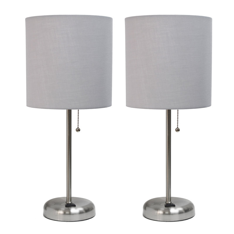 Ensemble de 2 lampes de table en or rose avec prise de charge et abat-jour tambour, Argent argent, Gris