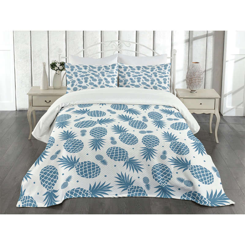 Ambesonne Blue Bedspread Set Tropical Fruit Pineapple Blue White, King Coverlet / Bedspread + 2 Standard Shams