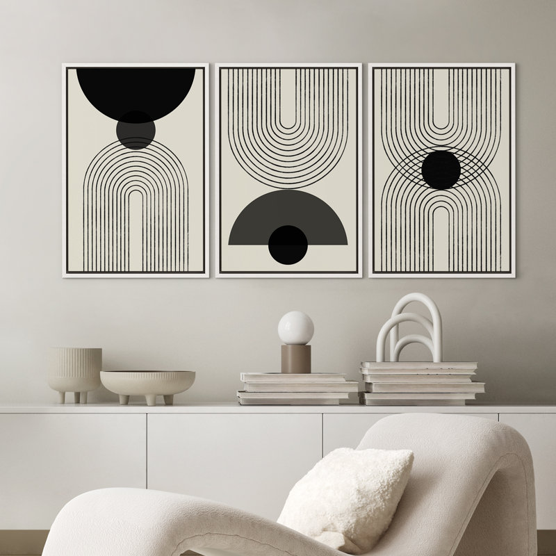 Mid-Century Modern Black And White Minimalist Abstract Home Decor Framed Wall Art Work Canvas Print, 36" H x 24" W, White