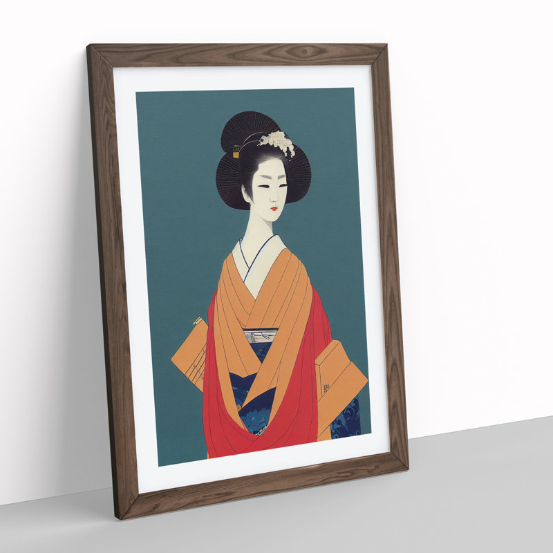 Traditional Geisha No.5 - Wall Art, 36cm H x 27cm W, Walnut Framed, White