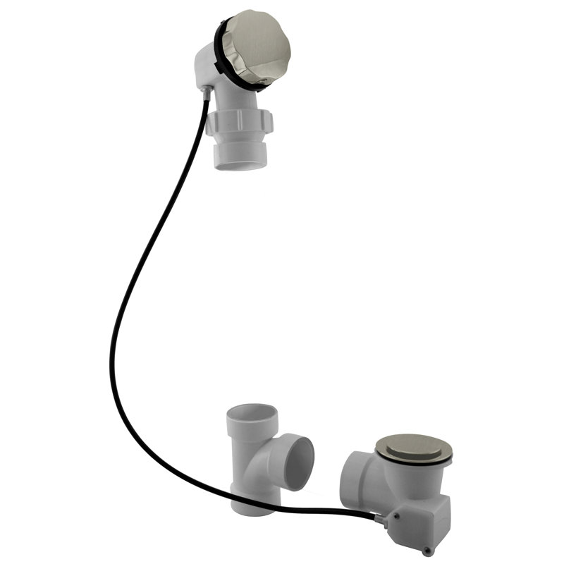 45" Cable Drive Pop-Up Bathtub Drain Trim with PVC Fittings and Ball Joint Elbow Rotary Overflow, Satin Nickel