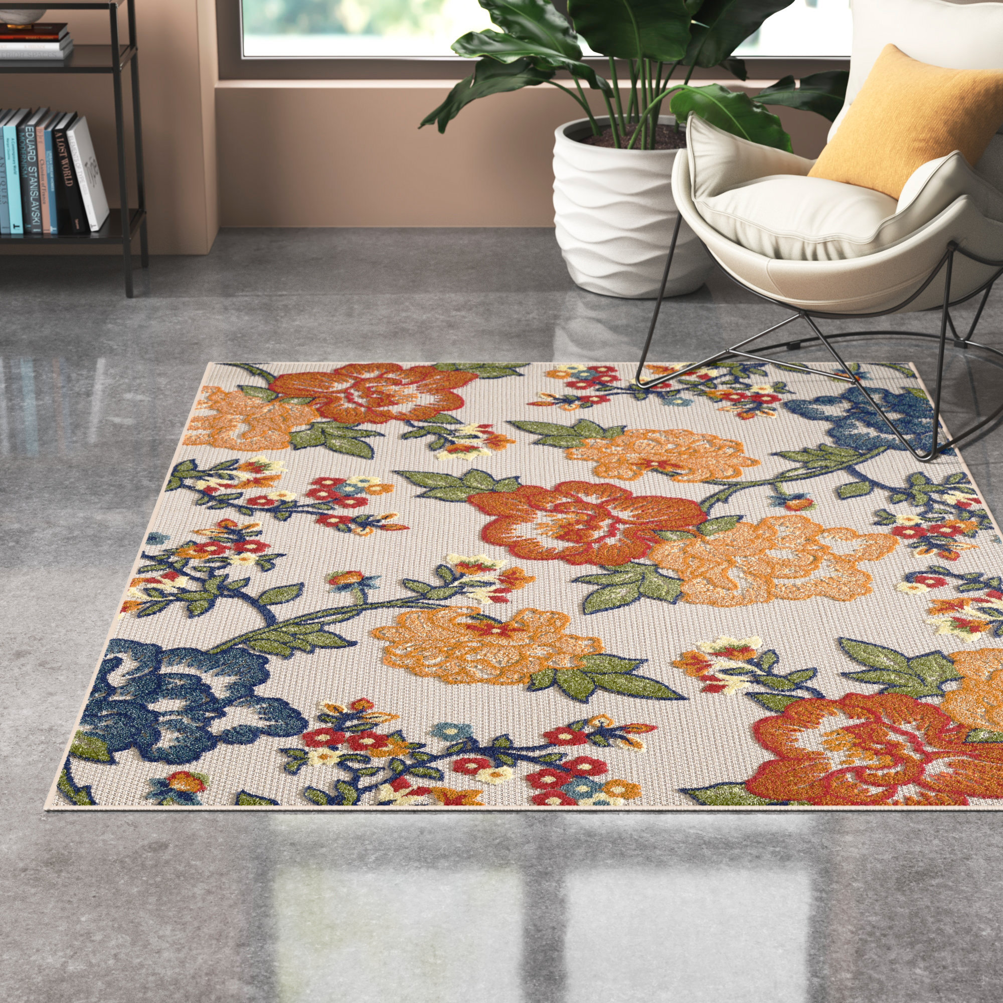 Wade Logan® Floral Machine Woven Ivory Indoor / Outdoor Area Rug ...