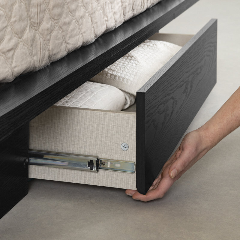 Black Oak Queen Platform Bed with Upholstered Headboard and Drawer