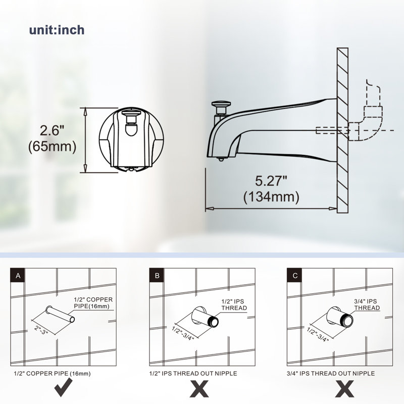 5.27" Wall-Mount Bath Spout With Diverter, Matte Black