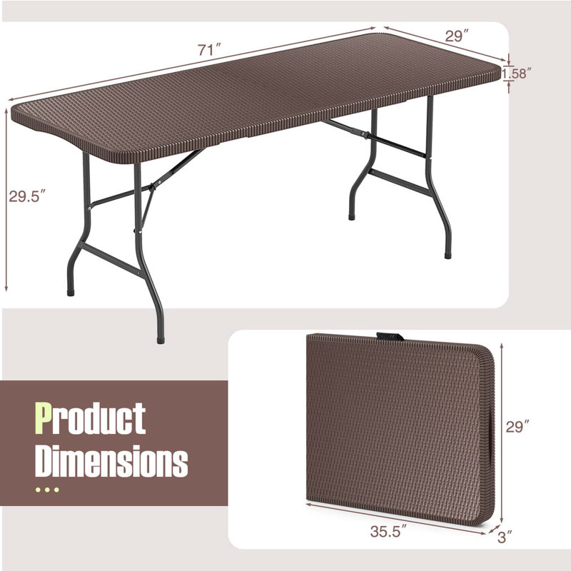 Table pliante en deux avec mécanisme de verrouillage de sécurité en forme de rotin, Brun
