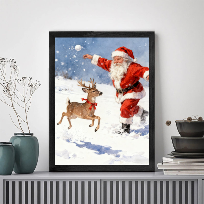 Reproduction d'art encadrée noire, père Noël rétro et son renne dans la neige, H 25 po x l 17 po