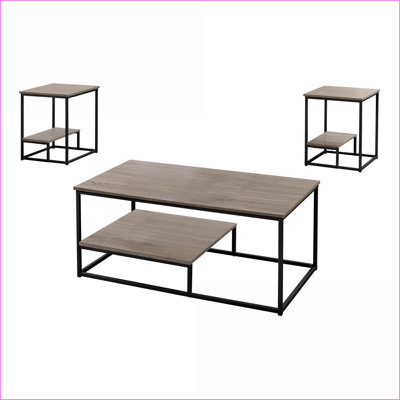 Ensemble de tables basses contemporaines en stratifié brun avec meubles de salon en métal noir