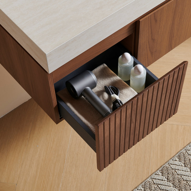 Plywood and Solid Wood Single Bathroom Vanity, 48", Brown Oak, Roma Travertine