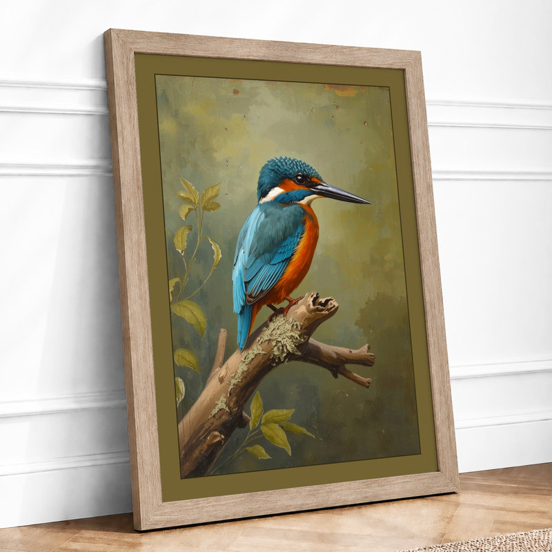 Kingfisher on Branch Japandi - Framed Print, Oak, A3 - 42.0 x 29.7 cm