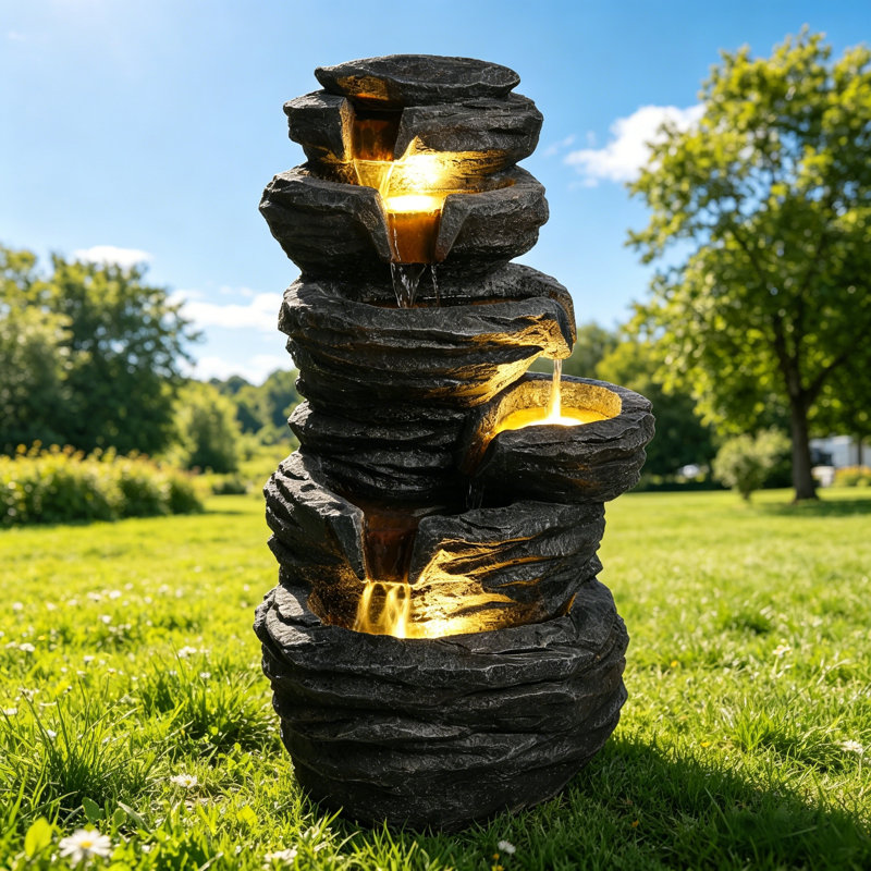 Fontaine d'extérieur avec lumières DEL, fontaine de jardin en résine empilée en pierre de 25,6 po, Noir