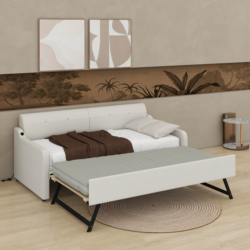 Twin Upholstery Daybed With Trundle And USB, Beige