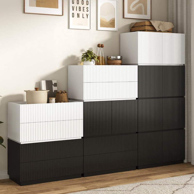 2 Pack 30" Wide Stackable Fluted Wooden Storage Bin, Modular Storage Cabinet with Smooth-Glide Drawers & Soft Close Doors